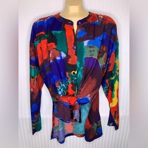 Vintage 1980s Button-Up Tunic Blouse Penny Lane Floral Pattern Multicolor Size M